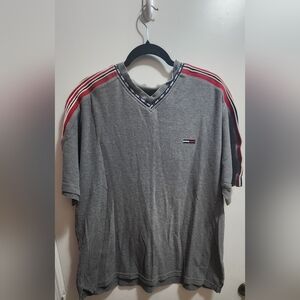 Tommy Hilfiger Gray V-Neck Short Sleeve Tee with Red and White Shoulder Stripes